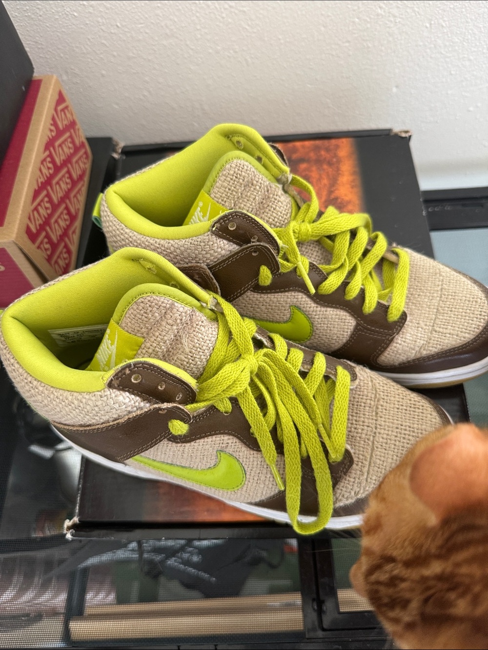 Nike Mid-Top Sneakers in Lime Green and Brown Woven Textile